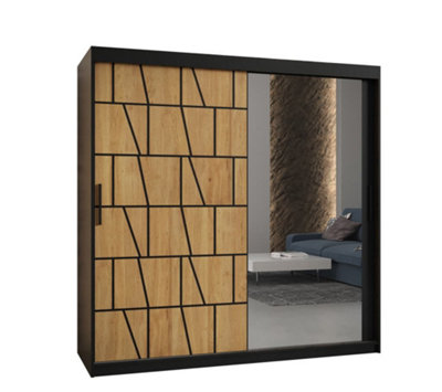 Lima II Contemporary Mirrored 2 Sliding Door Wardrobe 9 Shelves 2 Rails Black Matt and Oak Decor (H)2000mm (W)1800mm (D)620mm