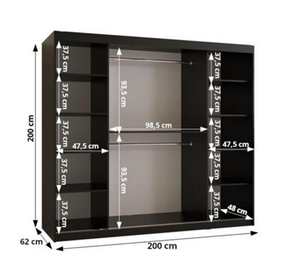 Lima II Contemporary Mirrored 2 Sliding Door Wardrobe 9 Shelves 2 Rails Black Matt and Oak Decor (H)2000mm (W)2000mm (D)620mm