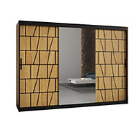 Lima II Contemporary Mirrored 3 Sliding Door Wardrobe 9 Shelves 2 Rails Black Matt and Oak Decor (H)2000mm (W)2500mm (D)620mm