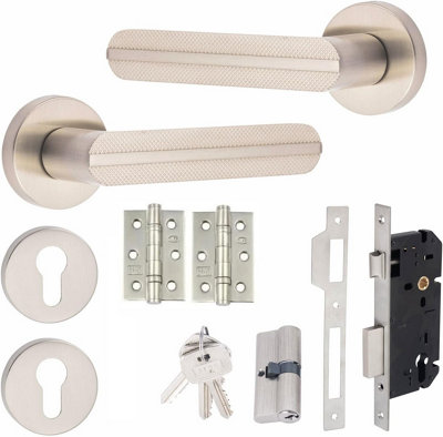 Lima Satin Nickel Euro 70mm Thumbturn to Key Barrel Lock Door Handle + Hinge Set