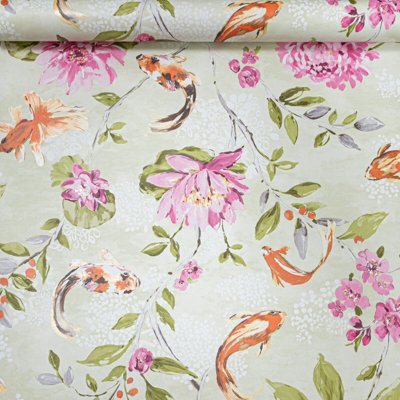 Lime Pink Floral Wallpaper Koi Carp Fish Water Lilies Metallic Paste The Wall