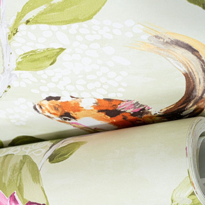 Lime Pink Floral Wallpaper Koi Carp Fish Water Lilies Metallic Paste The Wall