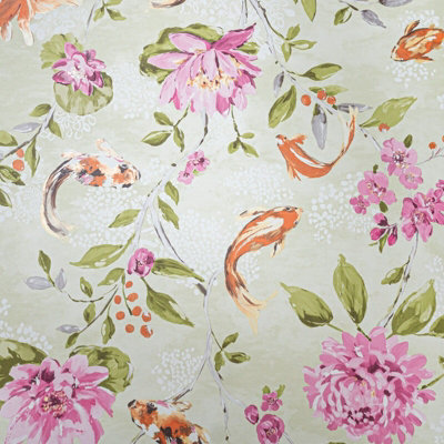 Lime Pink Floral Wallpaper Koi Carp Fish Water Lilies Metallic Paste The Wall