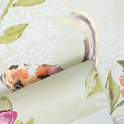 Lime Pink Floral Wallpaper Koi Carp Fish Water Lilies Metallic Paste The Wall