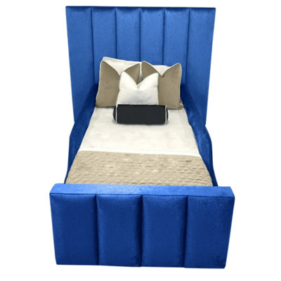 Linda Kids Bed Gaslift Ottoman Plush Velvet with Safety Siderails- Blue