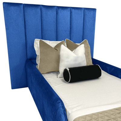 Linda Kids Bed Gaslift Ottoman Plush Velvet with Safety Siderails- Blue