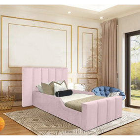 Linda Kids Bed Gaslift Ottoman Plush Velvet with Safety Siderails- Pink