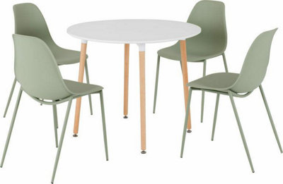 Lindon 4 Seat Dining Set in White and Natural with Oak and Green Chairs