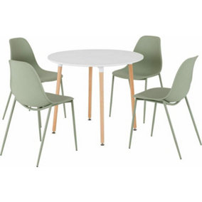 Lindon 4 Seat Dining Set in White and Natural with Oak and Green Chairs