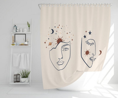 Line art Illustration with Mystical and Celestial elements like stars, moon, sun and planets (Shower Curtain) / Default Title Price Comparisons | Compare The Build