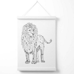 Line Art Lion Geometric Animal Poster with Hanger / 33cm / White