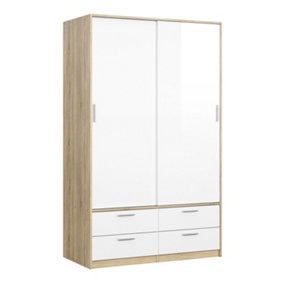 Line Wardrobe - 2 Doors 4 Drawers in Oak with White High Gloss