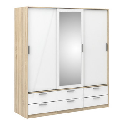 Line Wardrobe 3 Doors 6 Drawers in Oak with White High Gloss DIY at B&Q