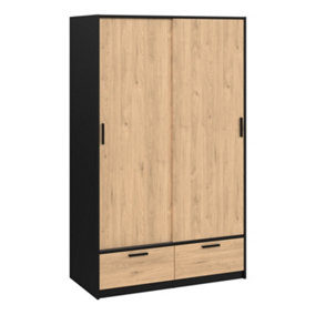 Line Wardrobe with 2 Doors + 2 Drawers in Black and Jackson Hickory Oak