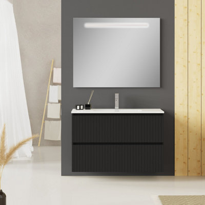 Linea Matt Black Ribbed Double Drawer Wall Hung Vanity Unit 1000mm x 390mm