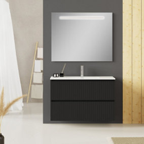 Linea Matt Black Ribbed Double Drawer Wall Hung Vanity Unit 1000mm x 390mm