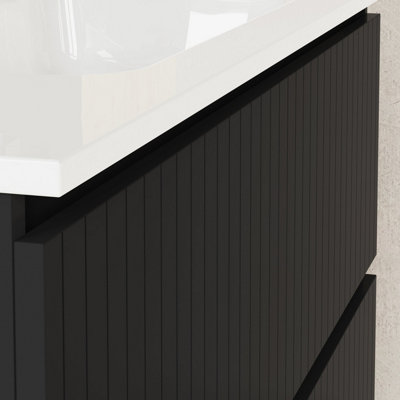 Linea Matt Black Ribbed Double Drawer Wall Hung Vanity Unit 1000mm x 390mm