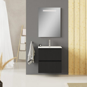 Linea Matt Black Ribbed Double Drawer Wall Hung Vanity Unit 600mm x 390mm