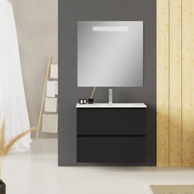 Linea Matt Black Ribbed Double Drawer Wall Hung Vanity Unit 800mm x 390mm