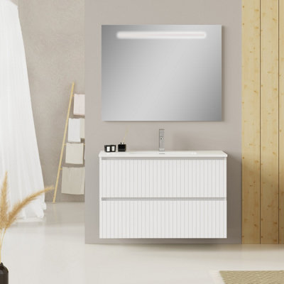 Linea Matt White Ribbed Double Drawer Wall Hung Vanity Unit 1000mm x 390mm