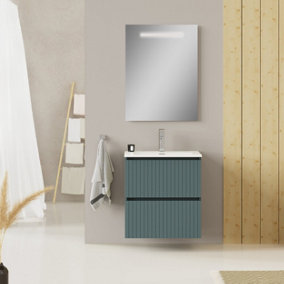 Linea Ocean Blue Ribbed Double Drawer Wall Hung Vanity Unit 600mm x 390mm