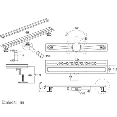Linear Shower Drain 500mm Tileable+Rotatable, Stainless Steel Floor ...