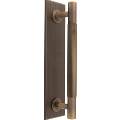 Lined Reeded Drawer Pull Handle & Matching Backplate - Antique Brass 200 x 40mm