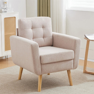 Linen Fabric Accent Armchair with Tufted Back, Comfy Upholstered Single Sofa, Mid-Century Modern Side Club Chair, Beige