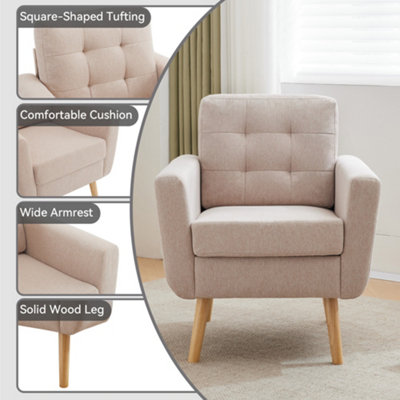 Linen Fabric Accent Armchair with Tufted Back Comfy Upholstered Single Sofa Mid Century Modern Side Club