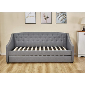 Linen Fabric Grey Daybed Sofabed With Underbed Trundle Living Room Bedroom Furniture Guest Day Bed Sofabed(Without Mattresses)