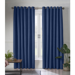 Linen Look Eyelet Ring Top Blackout Curtains Blue 110cm x 137cm