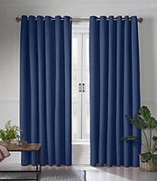 Linen Look Eyelet Ring Top Blackout Curtains Blue 161cm x 137cm