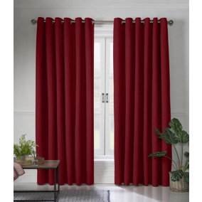Linen Look Eyelet Ring Top Blackout Curtains Red 161cm x 137cm
