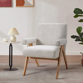 Linen Upholsteried Armchair with Wooden Legs for Living Room Bedroom Beige