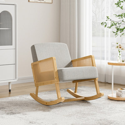 Linen Wooden Rattan Rocking Chair with Wood Frame Upholstered Recliner Armchair Rocker Lounge Chair Grey