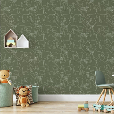 Lines At The Zoo Wallpaper In Olive Green