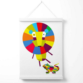 Lion Bright Geometric Animal Poster with Hanger / 33cm / White