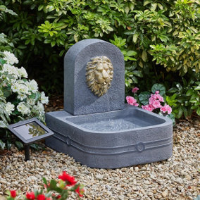 Lions Head Solar Powered Water Feature - Stone-Effect Decorative Outdoor Garden Water Fountain - Measures H50 x W45 x D45cm