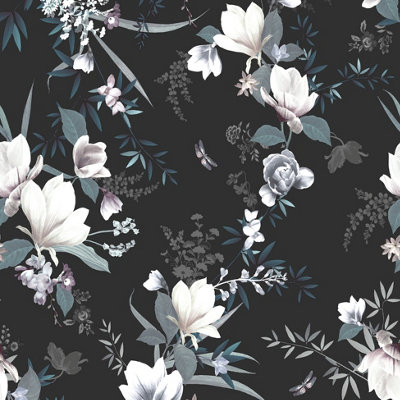 Lipsy London Black Floral Pearl effect Embossed Wallpaper DIY at B Q