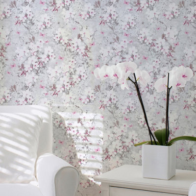 Lipsy London Pink Floral Glitter effect Embossed Wallpaper DIY at B Q