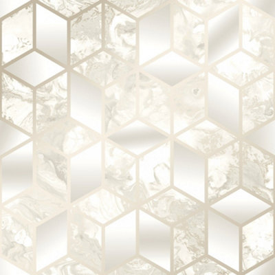 Liquid Marble Cube Wallpaper In Cream And Gold | DIY at B&Q