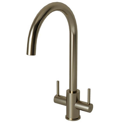 Liquida AD395BS Swan Neck Twin Lever Kitchen Mixer Tap In Brushed Steel