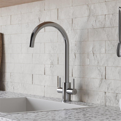 Liquida AD397CH Chrome Swan Neck Twin Lever Kitchen Mixer Tap