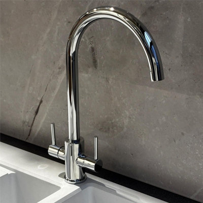 Liquida AD397CH Chrome Swan Neck Twin Lever Kitchen Mixer Tap