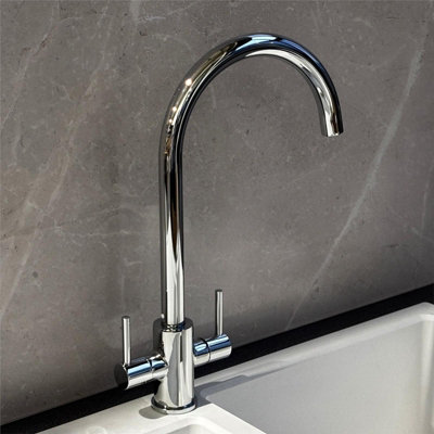 Liquida AD397CH Chrome Swan Neck Twin Lever Kitchen Mixer Tap