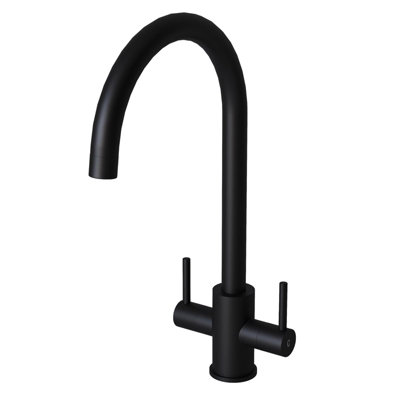 Liquida AD398MB Swan Neck Twin Lever Kitchen Mixer Tap In Matt Black