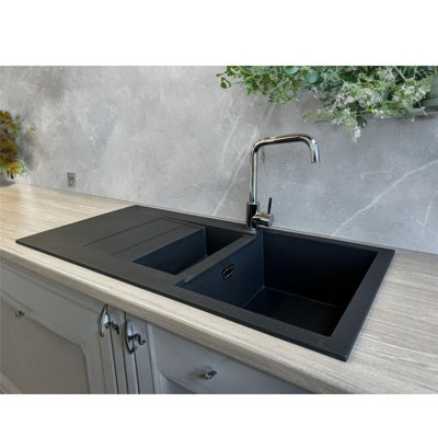 Liquida CAD150BL 1.5 Bowl Black Granite Reversible Kitchen Sink With Waste Kits