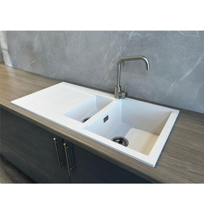 Liquida CAD150WH 1.5 Bowl White Granite Reversible Kitchen Sink With Waste Kits