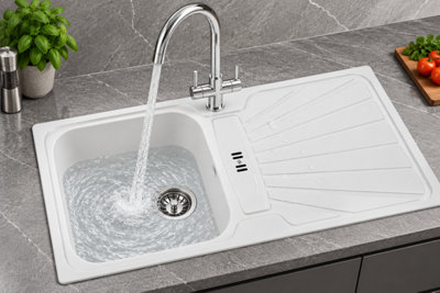 Liquida CMP5WH 1.0 Bowl Reversible Inset White Kitchen Sink With Waste Kit