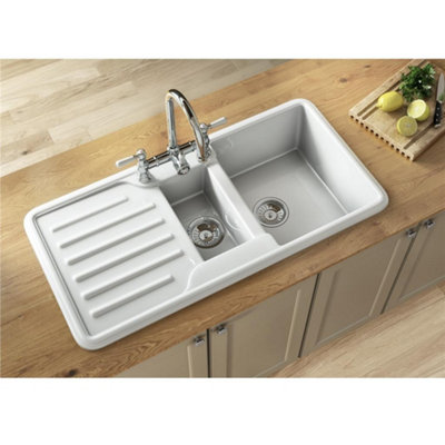 Liquida ELGS15WH 1.5 Bowl Comite Reversible Inset Gloss White Kitchen Sink